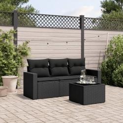 Salon de jardin 4 pcs avec coussins noir résine tressée alsavelo