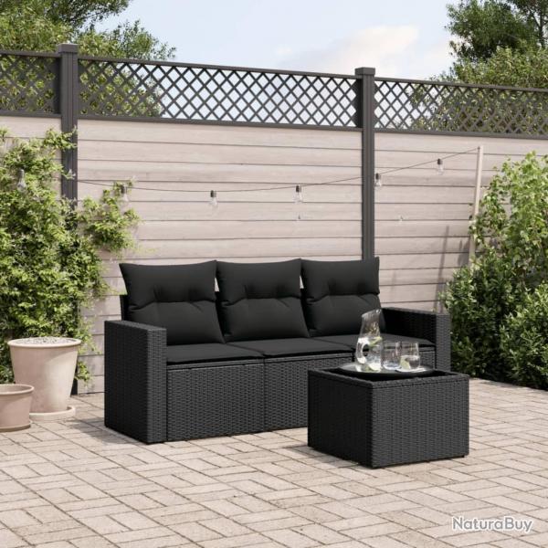 Salon de jardin 4 pcs avec coussins noir rsine tresse alsavelo