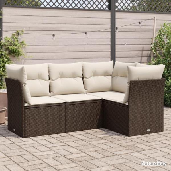 Salon de jardin 4 pcs avec coussins marron rsine tresse