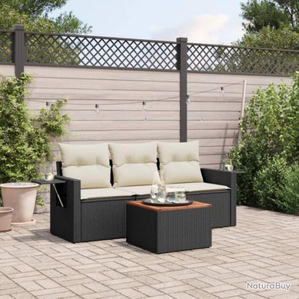 Salon de jardin 4 pcs avec coussins noir rsine tresse