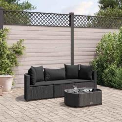 Salon de jardin 4 pcs avec coussins noir résine tressée