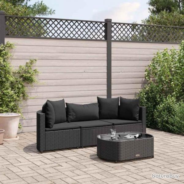 Salon de jardin 4 pcs avec coussins noir rsine tresse