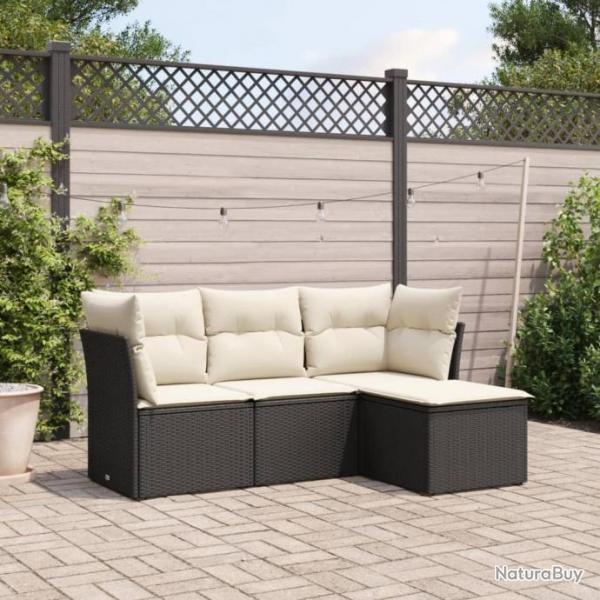 Salon de jardin 4 pcs avec coussins noir rsine tresse