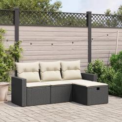 Salon de jardin 4 pcs avec coussins noir résine tressée