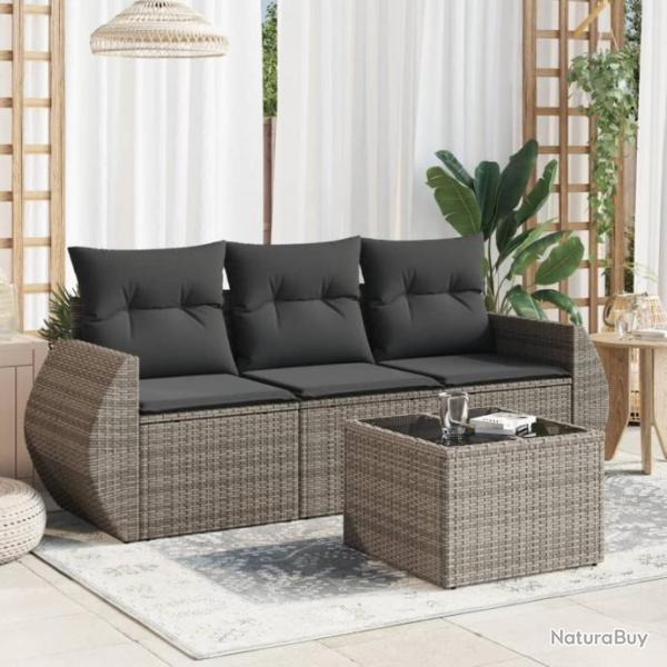 Salon de jardin 4 pcs avec coussins gris rsine tresse