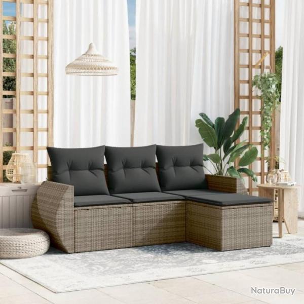 Salon de jardin 4 pcs avec coussins gris rsine tresse