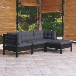 Salon de jardin 4 pcs avec coussins Noir Bois de pin