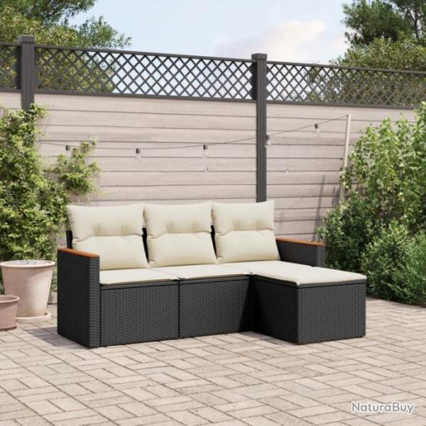 Salon de jardin 4 pcs avec coussins noir rsine tresse