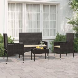 Salon de jardin 4 pcs avec coussins Noir Résine tressée alsavelo