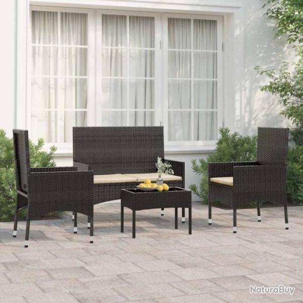 Salon de jardin 4 pcs avec coussins Noir Rsine tresse