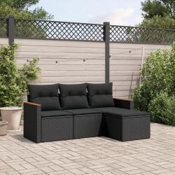Salon de jardin 4 pcs avec coussins noir résine tressée alsavelo