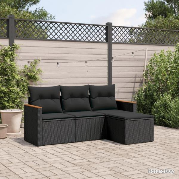 Salon de jardin 4 pcs avec coussins noir rsine tresse alsavelo