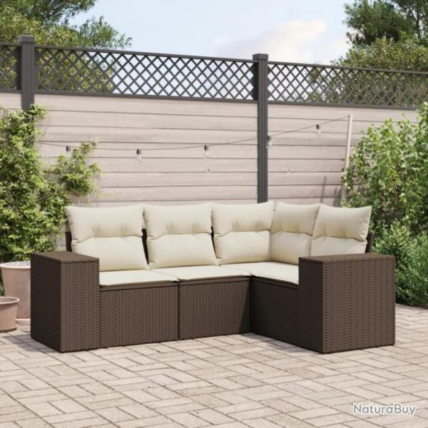 Salon de jardin 4 pcs avec coussins marron rsine tresse