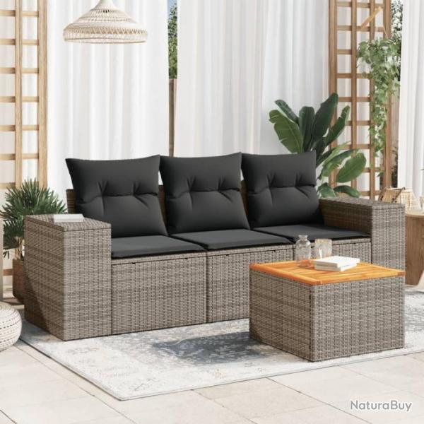 Salon de jardin 4 pcs avec coussins gris rsine tresse