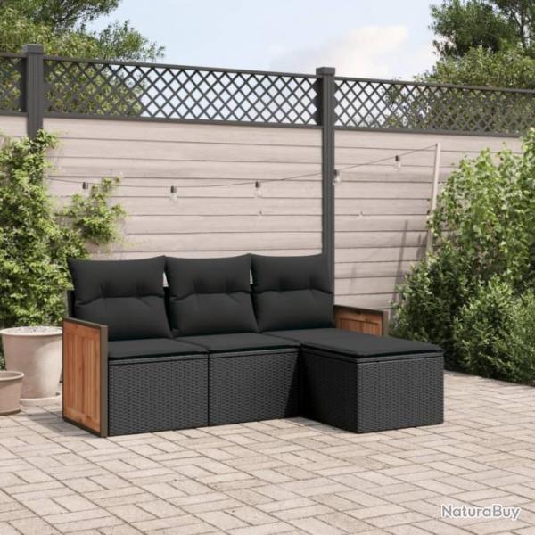 Salon de jardin 4 pcs avec coussins noir rsine tresse