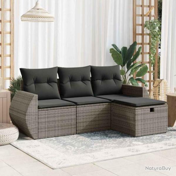 Salon de jardin 4 pcs avec coussins gris rsine tresse