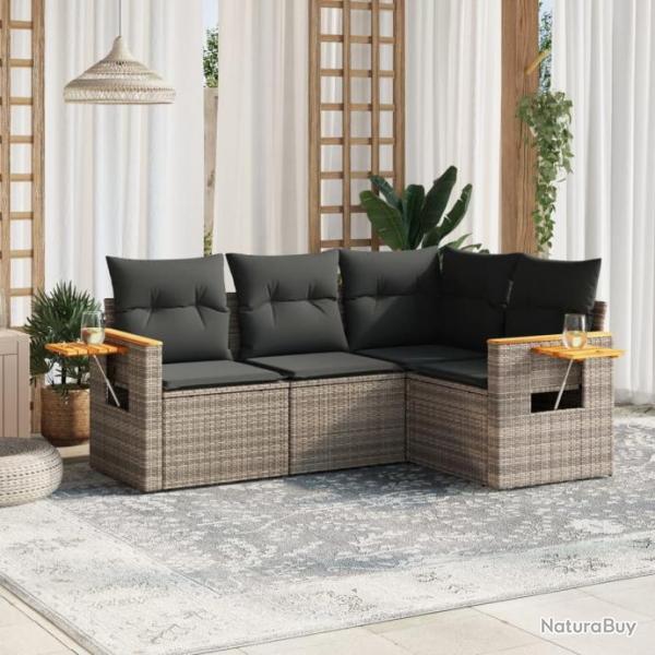 Salon de jardin 4 pcs avec coussins gris rsine tresse