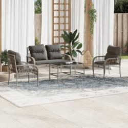 Salon de jardin 4 pcs avec coussins gris résine tressée