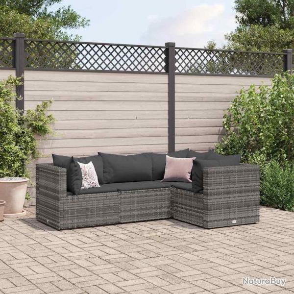 Salon de jardin 4 pcs avec coussins Gris Rsine tresse alsavelo