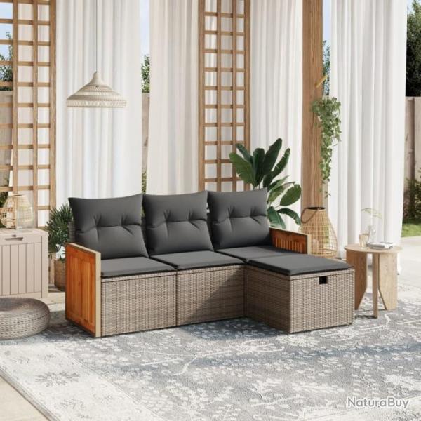 Salon de jardin 4 pcs avec coussins gris rsine tresse