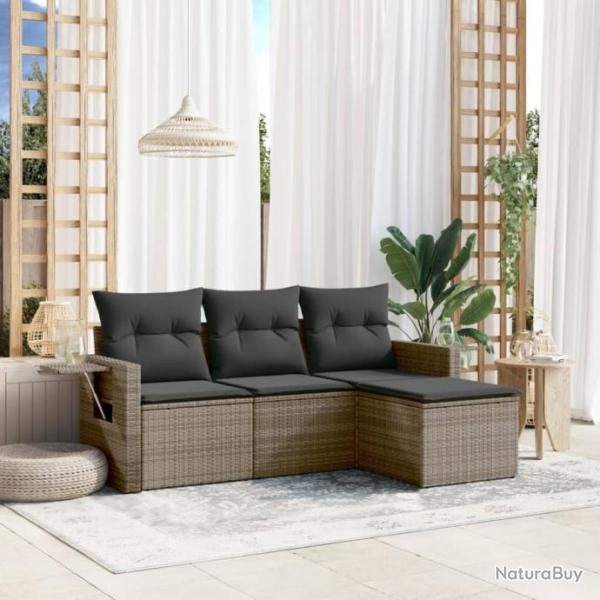 Salon de jardin 4 pcs avec coussins gris rsine tresse