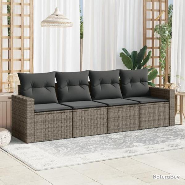 Salon de jardin 4 pcs avec coussins gris rsine tresse