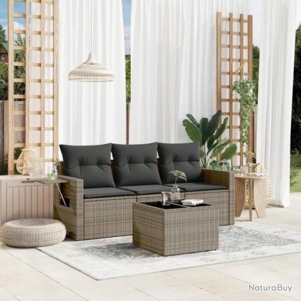 Salon de jardin 4 pcs avec coussins gris rsine tresse