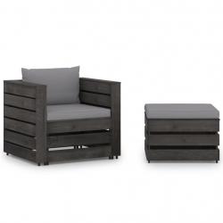 Salon de jardin 2 pcs avec coussins Bois imprégné de gris alsavelo