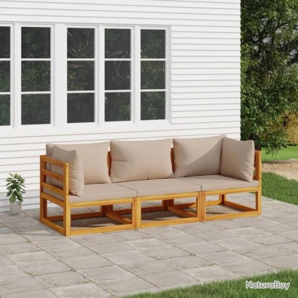 Salon de jardin 3 pcs avec coussins taupe bois massif