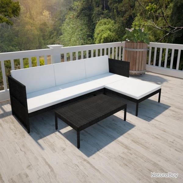 Salon de jardin 3 pcs avec coussins Rsine tresse Noir