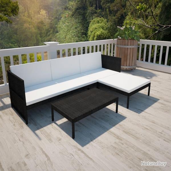 Salon de jardin 3 pcs avec coussins Rsine tresse Noir alsavelo