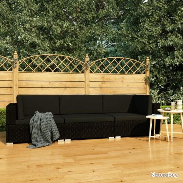 Salon de jardin 3 pcs avec coussins rsine tresse noir