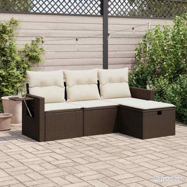 Salon de jardin 4 pcs avec coussins marron rsine tresse alsavelo