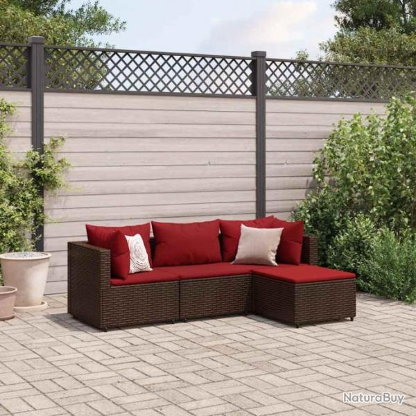 Salon de jardin 4 pcs avec coussins Marron Rsine tresse