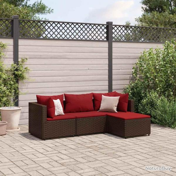 Salon de jardin 4 pcs avec coussins Marron Rsine tresse alsavelo