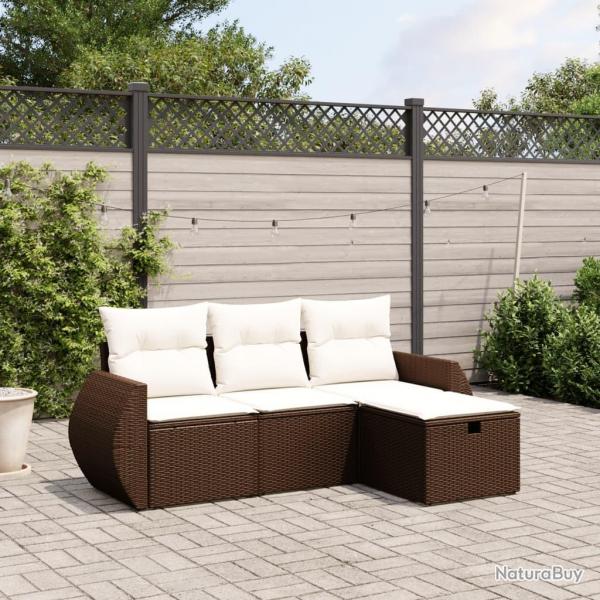 Salon de jardin 4 pcs avec coussins marron rsine tresse alsavelo