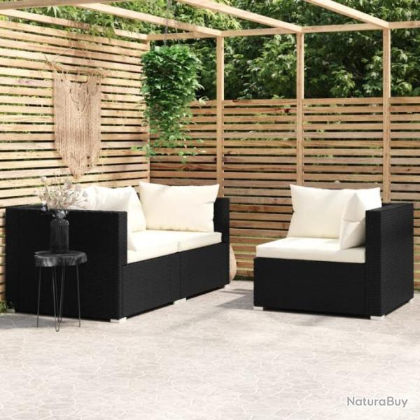 Salon de jardin 3 pcs avec coussins Noir Rsine tresse