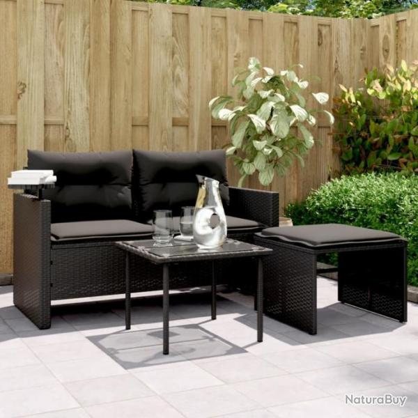 Salon de jardin 3 pcs avec coussins noir rsine tresse