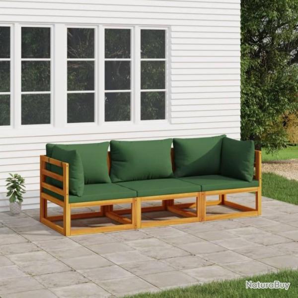 Salon de jardin 3 pcs avec coussins vert bois massif