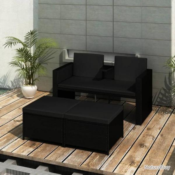 Salon de jardin 3 pcs avec coussins Rsine tresse Noir