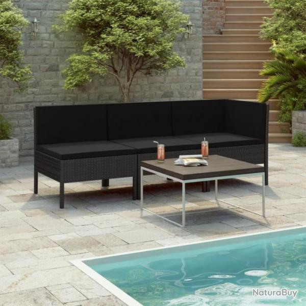 Salon de jardin 3 pcs avec coussins Rsine tresse Noir