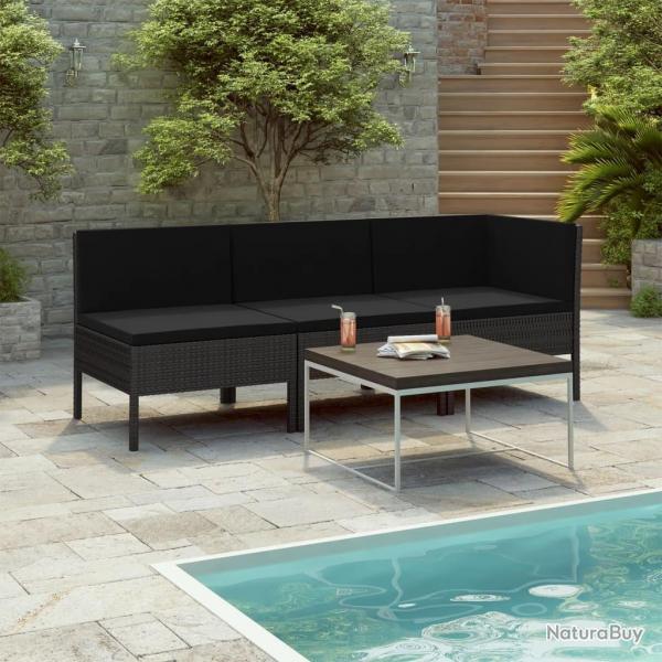Salon de jardin 3 pcs avec coussins Rsine tresse Noir alsavelo