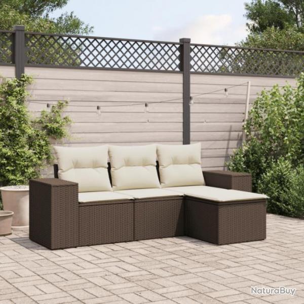 Salon de jardin 4 pcs avec coussins marron rsine tresse