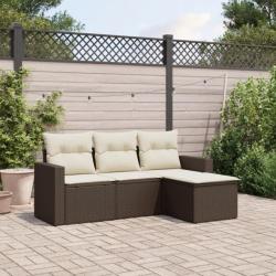 Salon de jardin 4 pcs avec coussins marron résine tressée