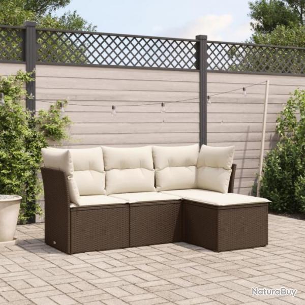 Salon de jardin 4 pcs avec coussins marron rsine tresse