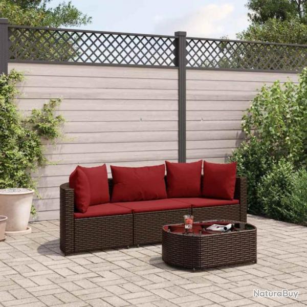 Salon de jardin 4 pcs avec coussins marron rsine tresse