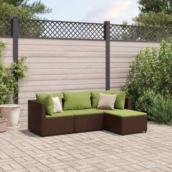 Salon de jardin 4 pcs avec coussins Marron Rsine tresse