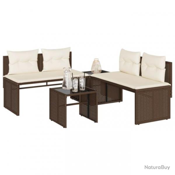 Salon de jardin 4 pcs avec coussins marron rsine tresse