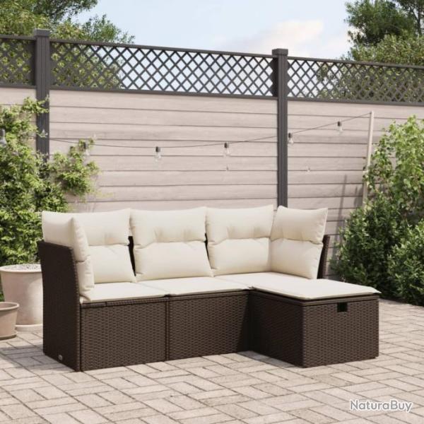 Salon de jardin 4 pcs avec coussins marron rsine tresse