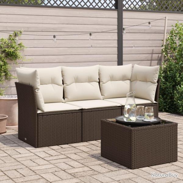 Salon de jardin 4 pcs avec coussins marron rsine tresse alsavelo